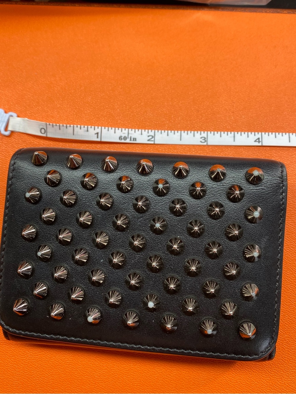 Christian Louboutin Black Leather Studded Compact Wallet with Red Zip Accent - Picture 14 of 16